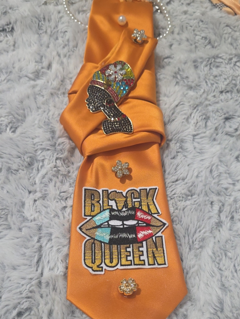 Orange Satin "Black Queen" Embroidered Tie